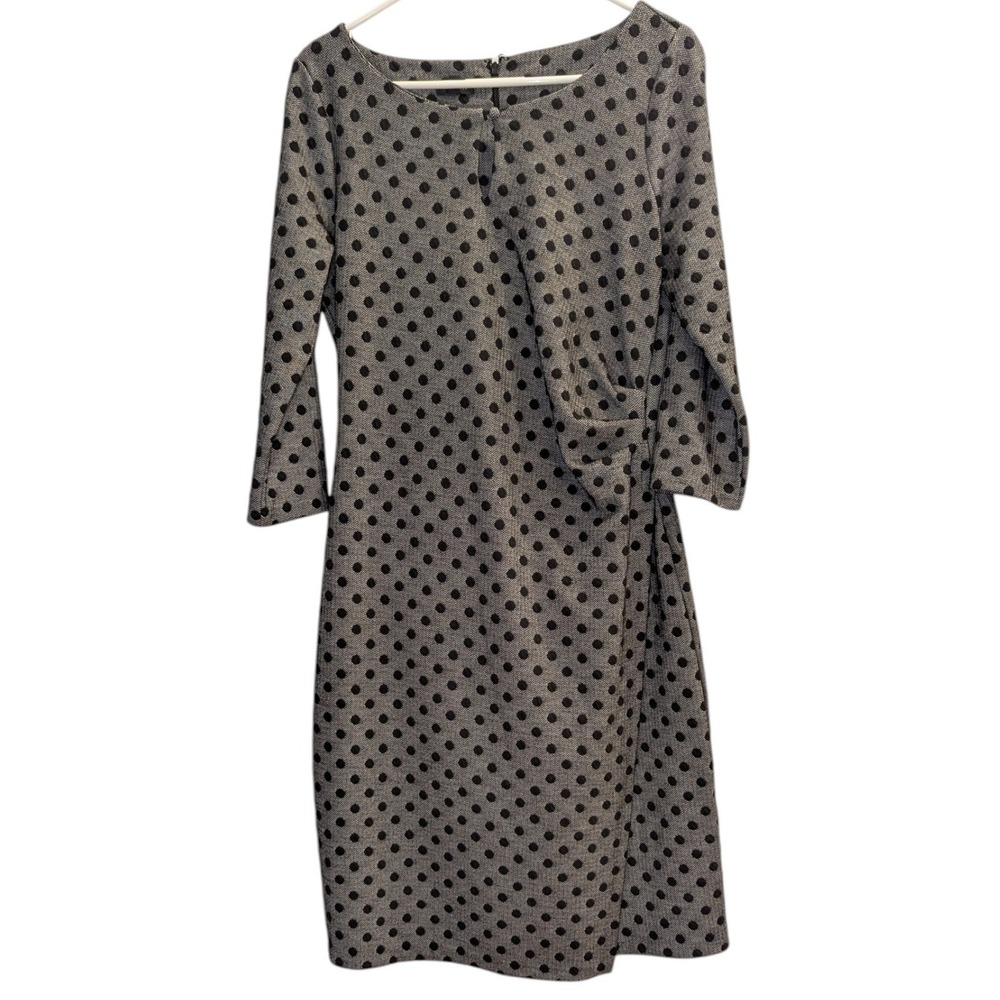 Talbots Black Polka Dot faux Wrap Dress 3/4‎ Sleeve Boat Neck Women's Size M